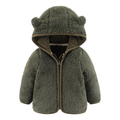 Toddler Girls Boys Cute Jacket Bear Ear Hoodie Sweater Zip Up Teddy Fuzzy Warm Coat Baby Winter Outwear Clothes Army Green 12-18 Months