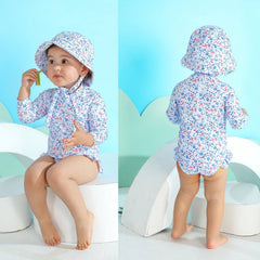 Infant Baby Girl One-Piece Swimsuit Long Sleeve Rash Guard Swimwear Hat Bathing Suit Set for 3-6 Months