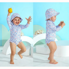 Infant Baby Girl One-Piece Swimsuit Long Sleeve Rash Guard Swimwear Hat Bathing Suit Set for 3-6 Months