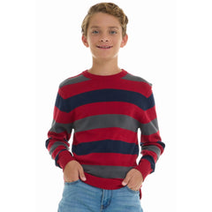 Boys 100% Cotton Crewneck Sweater Soft Knit Pullover for Fall and Winter Long Sleeve Warm Knit - Red Stripes - Size 7/8