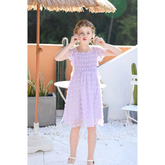 Aridak Girls Chiffon Dress Flutter Ruffle Short Sleeve Kids Square Neck Frocks Purple 6-13Y