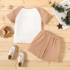Toddler Boys Clothes Baby Boy Outfit Sets Kids Waffle Color Block Raglan Sleeve Tee & Solid Shorts Set,2-Piece, Brown,18-24M