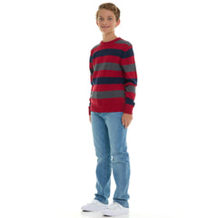 Boys 100% Cotton Crewneck Sweater Soft Knit Pullover for Fall and Winter Long Sleeve Warm Knit - Red Stripes - Size 7/8