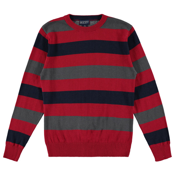 Boys 100% Cotton Crewneck Sweater Soft Knit Pullover for Fall and Winter Long Sleeve Warm Knit - Red Stripes - Size 7/8