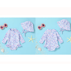 Infant Baby Girl One-Piece Swimsuit Long Sleeve Rash Guard Swimwear Hat Bathing Suit Set for 3-6 Months