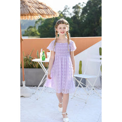 Aridak Girls Chiffon Dress Flutter Ruffle Short Sleeve Kids Square Neck Frocks Purple 6-13Y