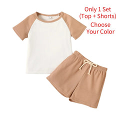 Toddler Boys Clothes Baby Boy Outfit Sets Kids Waffle Color Block Raglan Sleeve Tee & Solid Shorts Set,2-Piece, Brown,18-24M