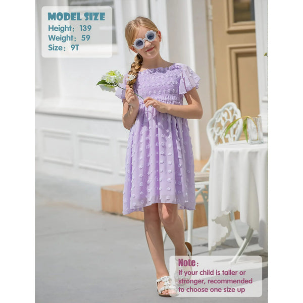 Aridak Girls Chiffon Dress Flutter Ruffle Short Sleeve Kids Square Neck Frocks Purple 6-13Y