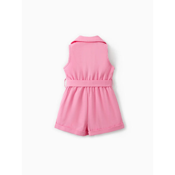 Barbie Girls Fashion Romper Pink Cotton Bowknot Belted Button Sleeveless Outfits Gifts Sizes 3-10